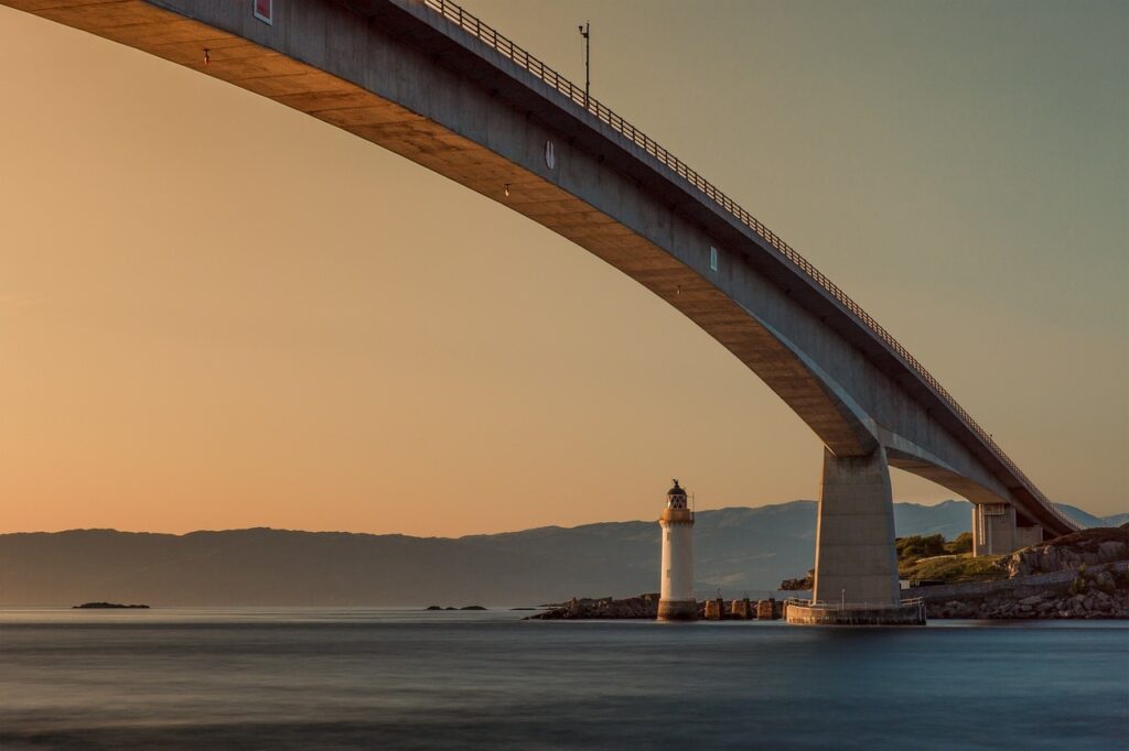bridge, lighthouse, sunset, sea, lake, landscape, scotland, isle of skye, skye bridge, evening atmosphere, ocean, sun, setting sun, nature, dusk, bridge, bridge, bridge, bridge, bridge